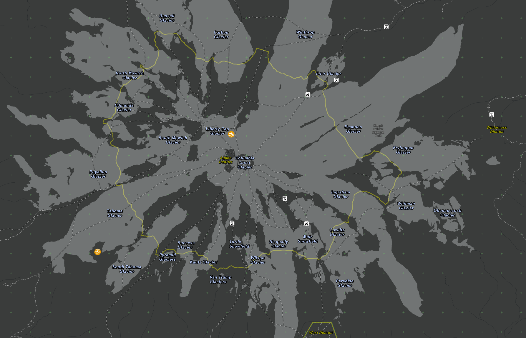 Mark43 dispatch reference map showing Mount Rainier glaciers, climbing routes, and dispatch features
