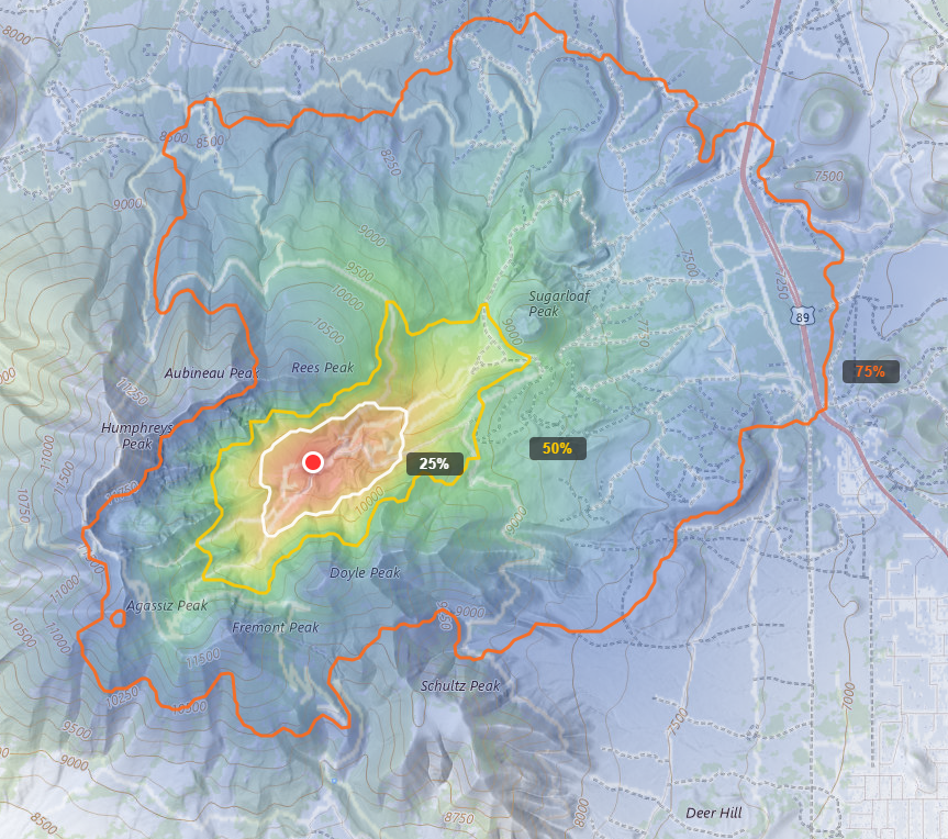 WiSAR Decision Support Tool showing Terrain-Aware Range Rings around San Francisco Peaks