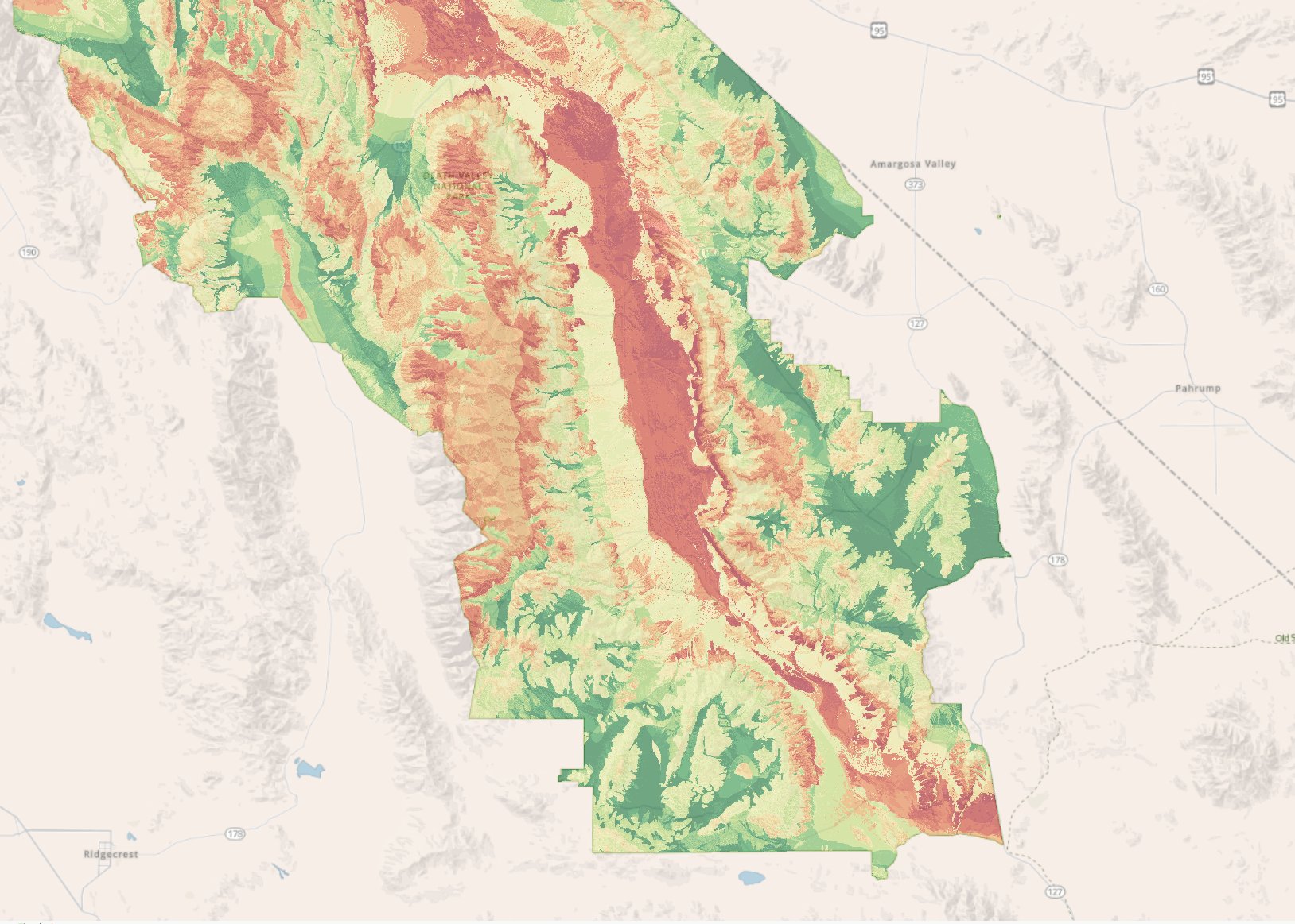 Desert Tortoise Habitat Suitability Index model output across Death Valley National Park